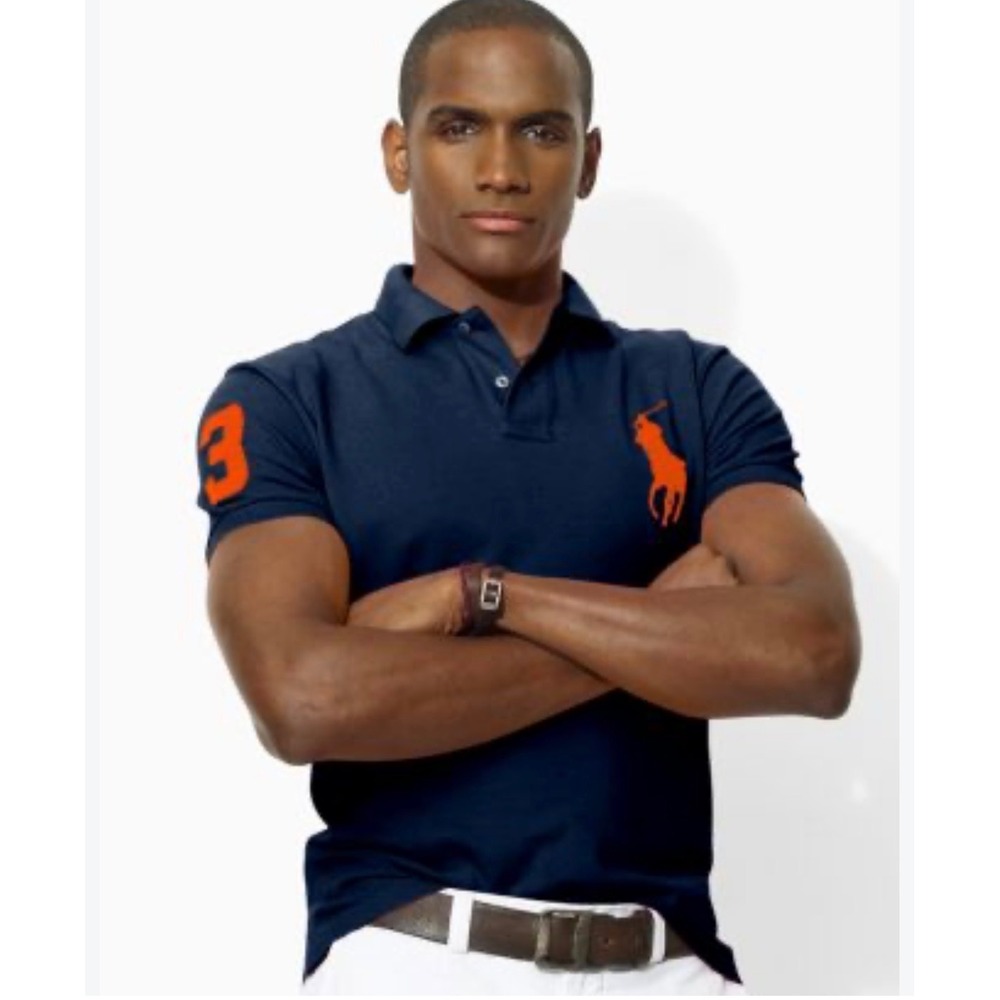Polo Ralph Lauren Mens Custom Fit Big Pony Polo Shirt Navy Blue Orange Large